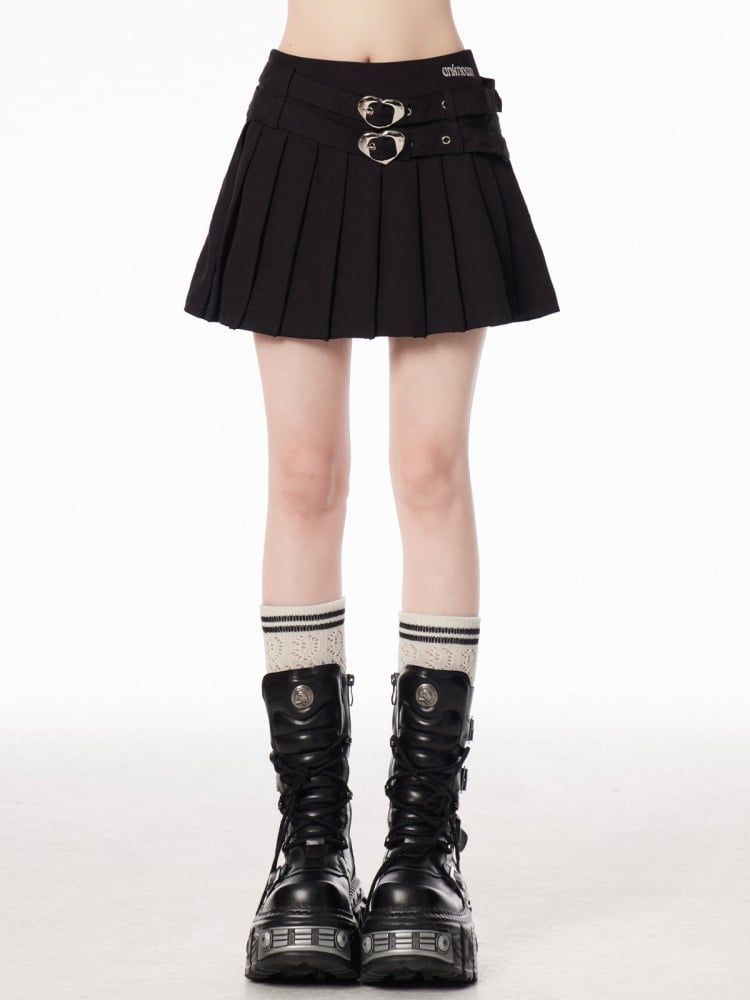 Pleated Skirt Style Double Heart Buckles Black Preppy
