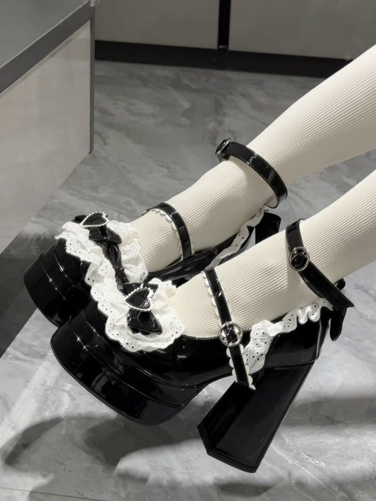 High Strap Platform Decor Block Black Bow Scalloped Lolita Heels with Sweet