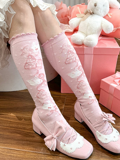 Bowknot Socks Bunny Pattern Calf Pink and