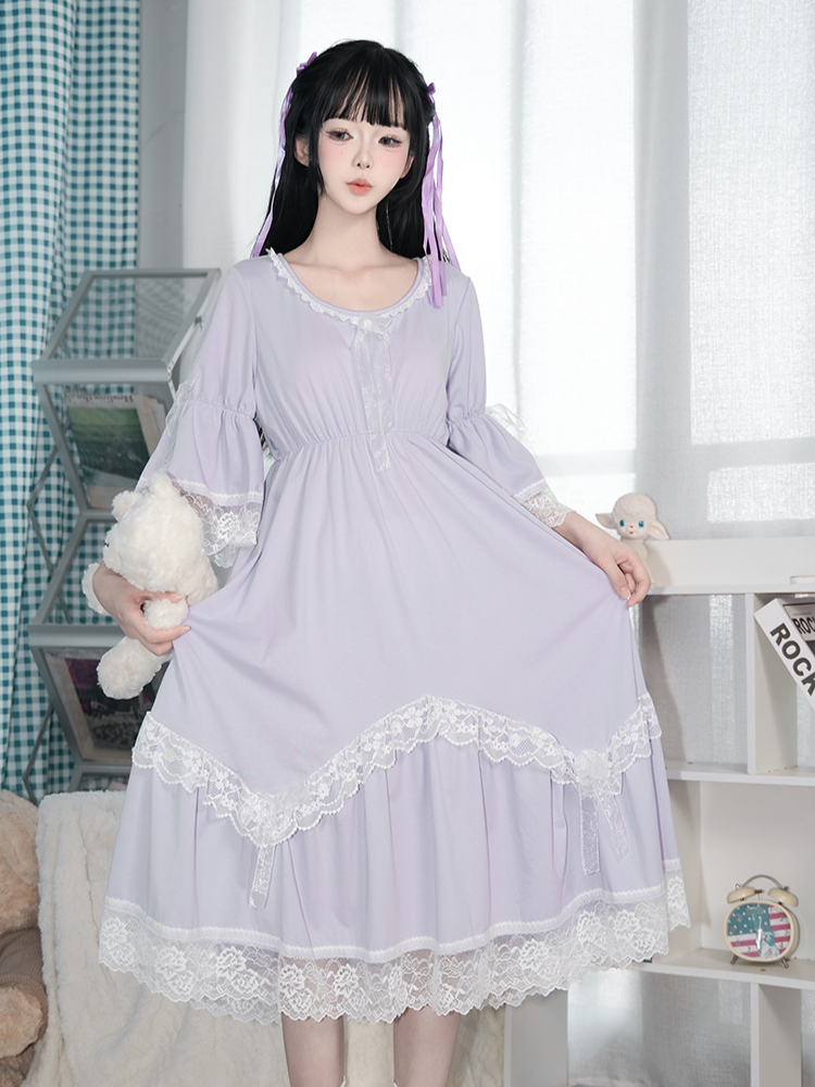 Cups with Padded Purple Ruched Waist and Lace-Trimmed Long/Short Sleeves Dress