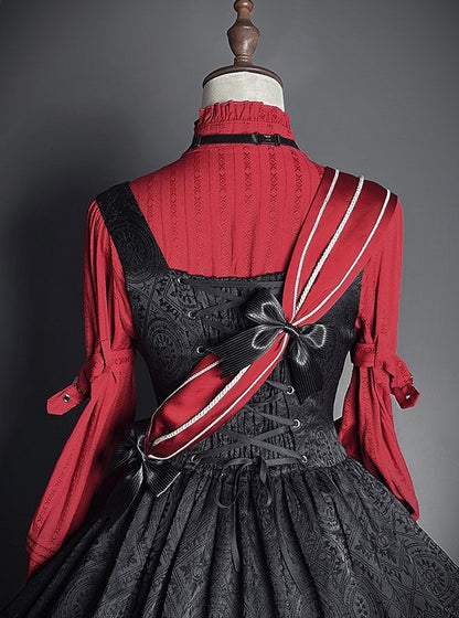 and Lolita Military Bow Black Red Embroidered Sash Motif Striped with