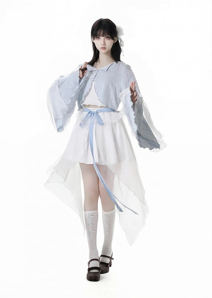 フリートップノットチャイナドレススタイルクロップドキャミソールボタンベ​​ルスリーブブルーカーディガン