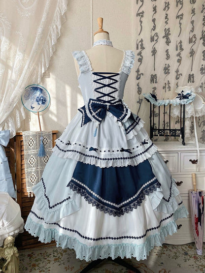 and Floral JSK Dark Lolita Sleeves Dress Embellished Flutter Blue Bow