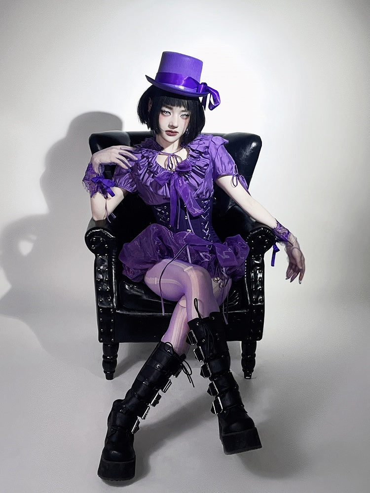 Gothic Lolita Ruffles Waist Purple Neckline with Elastic Layered Smocked Blouse