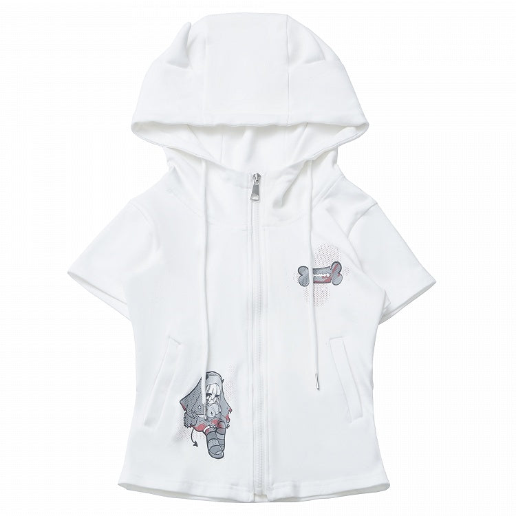 半袖トップス、ブラック/ホワイト、デビルホーンデザイン、フード、ジップ開閉