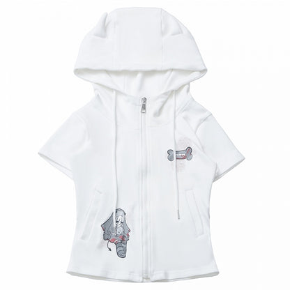 半袖トップス、ブラック/ホワイト、デビルホーンデザイン、フード、ジップ開閉