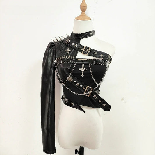 Punk Leather Rivet Single Shoulder Sleeve Coat Bead Chain Off-Shoulder Tube Top