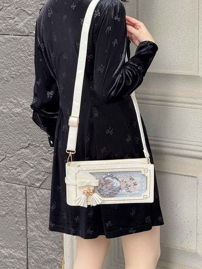 Muster Blumenstil Tasche Schleife Ita Cheongsam mit Akzent PU Fransen Weiß