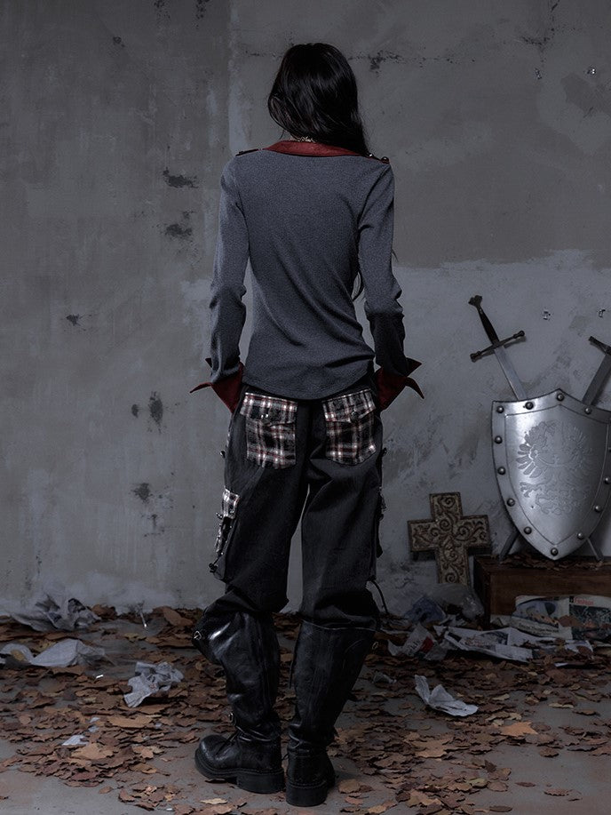 Black Knit with Suede Gray Vintage Punk Red Epaulets Knight Top Braid