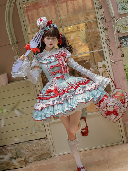 Red and Skirt Green Sweet Polka with Accents Bow Tiered Dots Stripes Dress Lolita