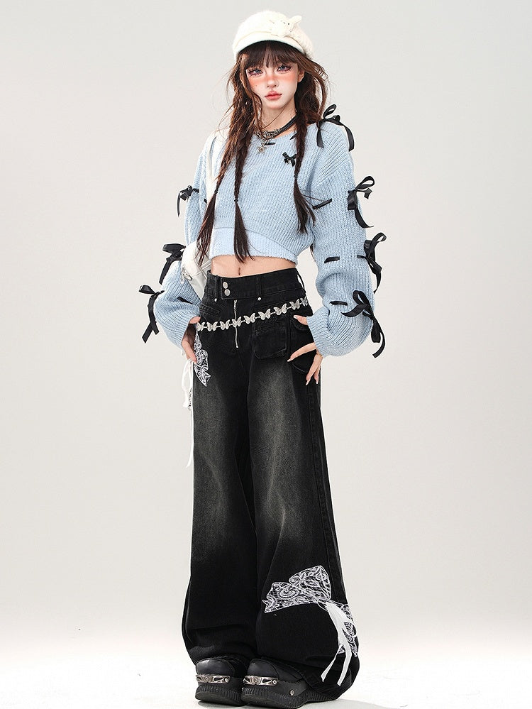 Blau/pinkes Set aus kurzem Pullover mit Schleifen an den Ärmeln und Camisole-Top