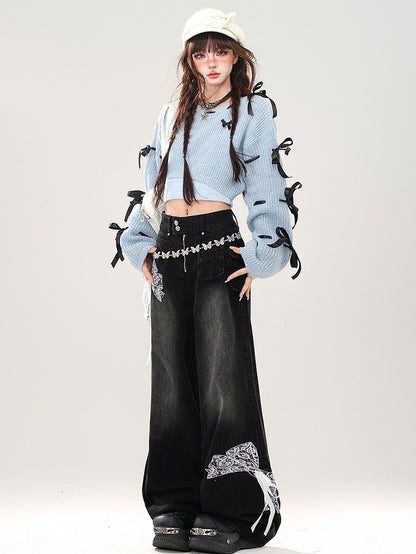 Blau/pinkes Set aus kurzem Pullover mit Schleifen an den Ärmeln und Camisole-Top