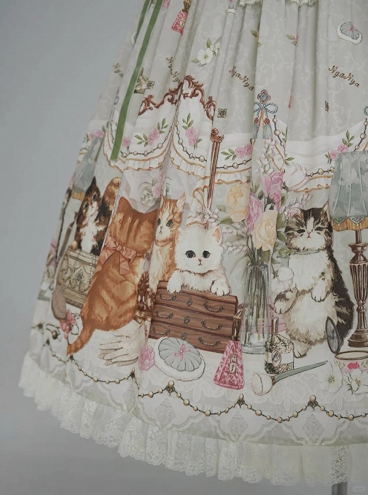 Green Cat Print Round Neck Sweet Lolita Dress with Lace Trim - NyaNya