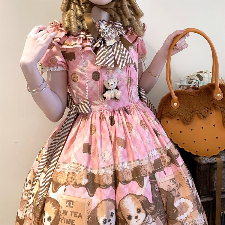 Süßes Lolita-Kleid mit kurzen Ärmeln und Welpen- und Keks-Print in Rosa