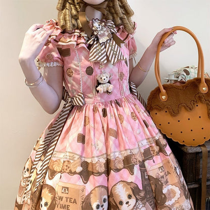 Süßes Lolita-Kleid mit kurzen Ärmeln und Welpen- und Keks-Print in Rosa