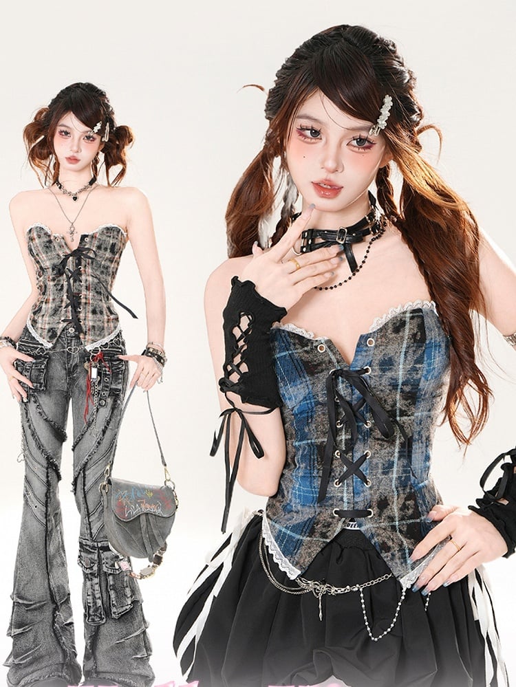 Leopard and Strapless Top Pattern Plaid Brown/Blue Lace-up Front Lace Trim