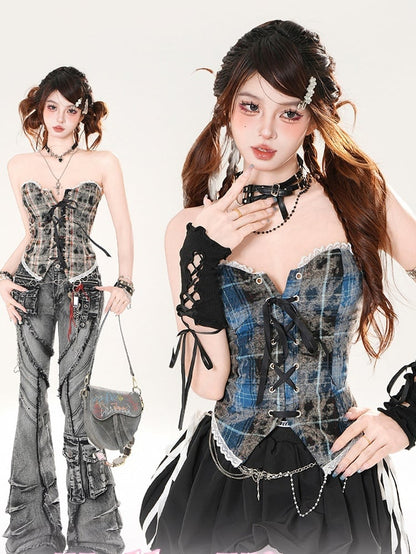 Leopard and Strapless Top Pattern Plaid Brown/Blue Lace-up Front Lace Trim