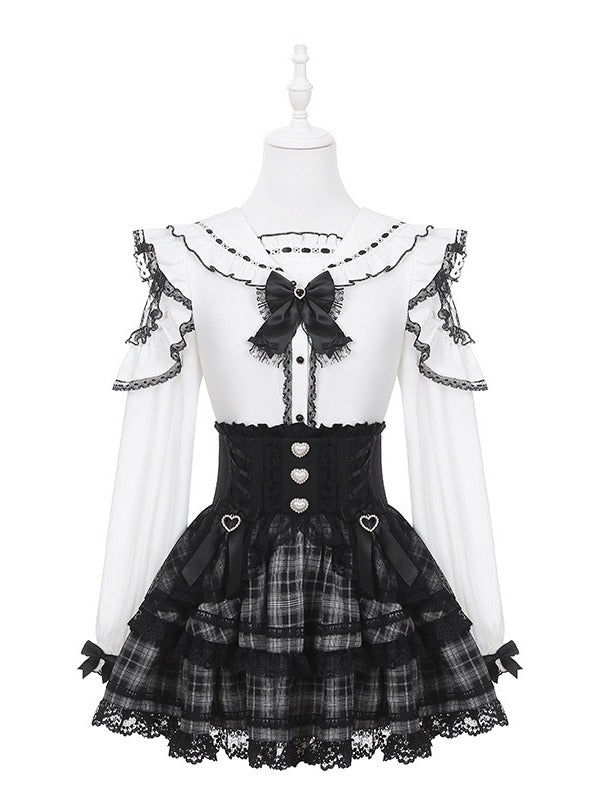 Black & White Jirai Kei Sailor-Collar Blouse with Lace Cutout Shoulders & Bow Tie - Puppet Bombs