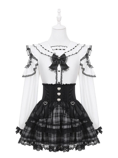 Black Jirai Kei Plaid High-Waist Skirt with Lace Trim Detail - Puppet Bombs