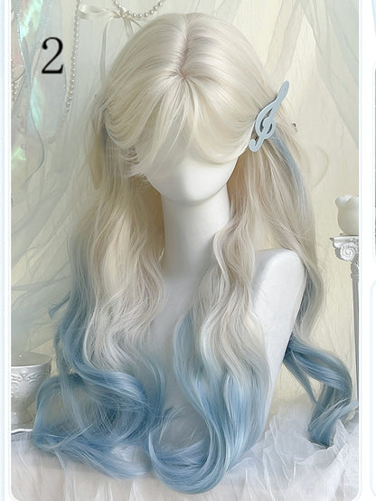 Bangs Blue Wigs Color 70cm Long Wavy Highlight Hair and White Curtain With Bangs/Air