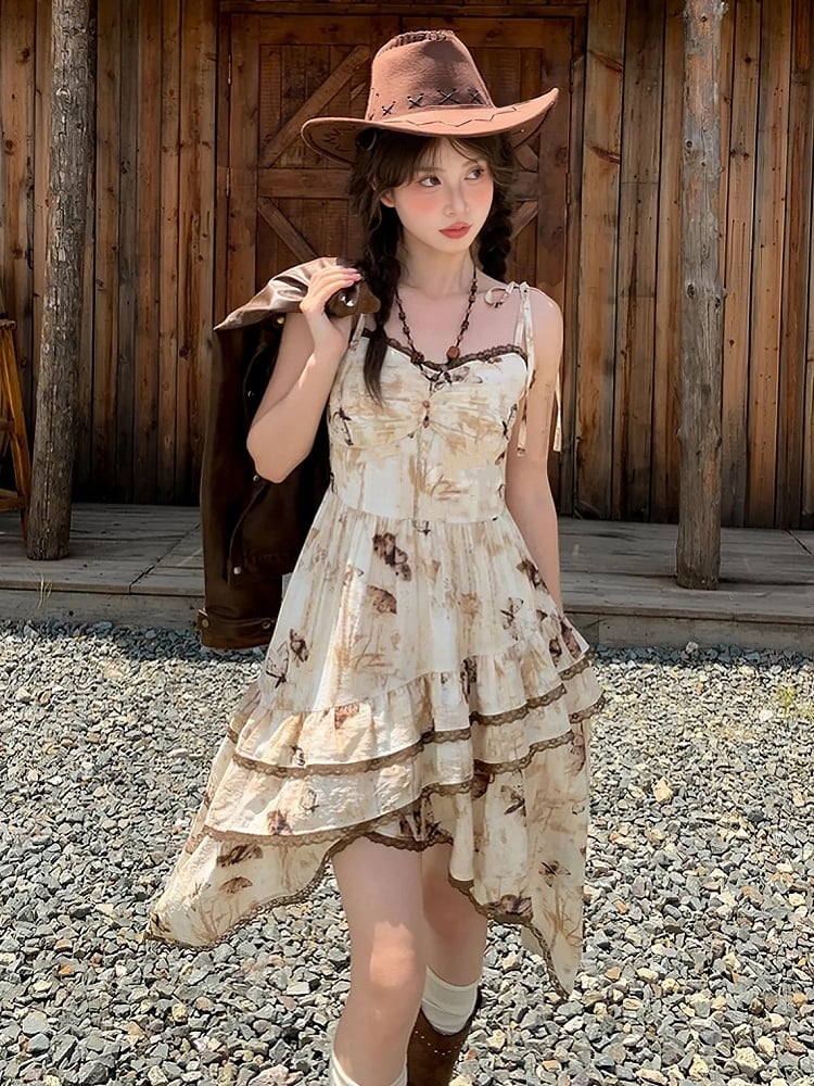 Vintage Butterfly Print Handkerchief Hem Dye Apricot Tie Spaghetti Strap Dress