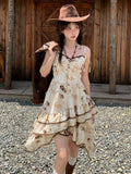 Vintage Butterfly Print Handkerchief Hem Dye Apricot Tie Spaghetti Strap Dress
