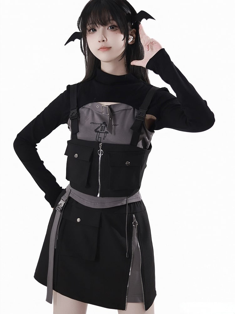 Details Shoulder Techwear Zip-up Vest Snap Straps Black Pocket