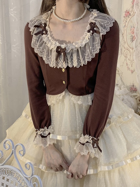 mit Ärmelakzenten, zarter Spitzen-Cardigan und kaffeefarbener Schleife, gemütlicher langer Besatz