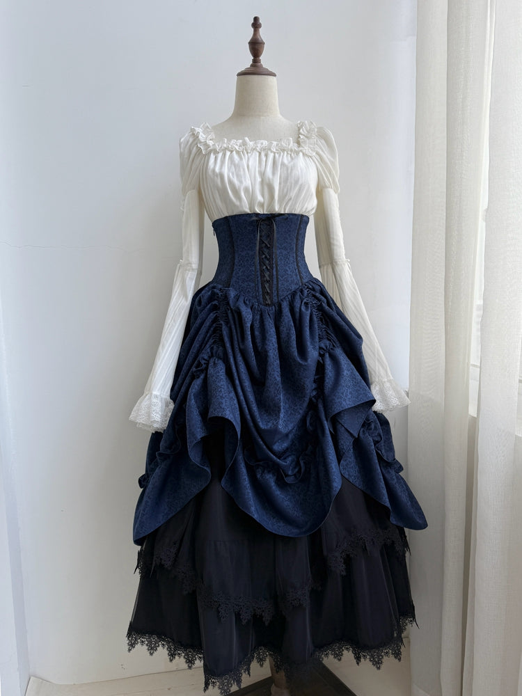 White Bell Ruffle Blouse Long Elastic Neckline Trimmed Sleeves