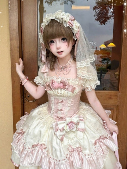 Bead Chain Lace Bow Pink & White Choker - Rose Weaving Poetry