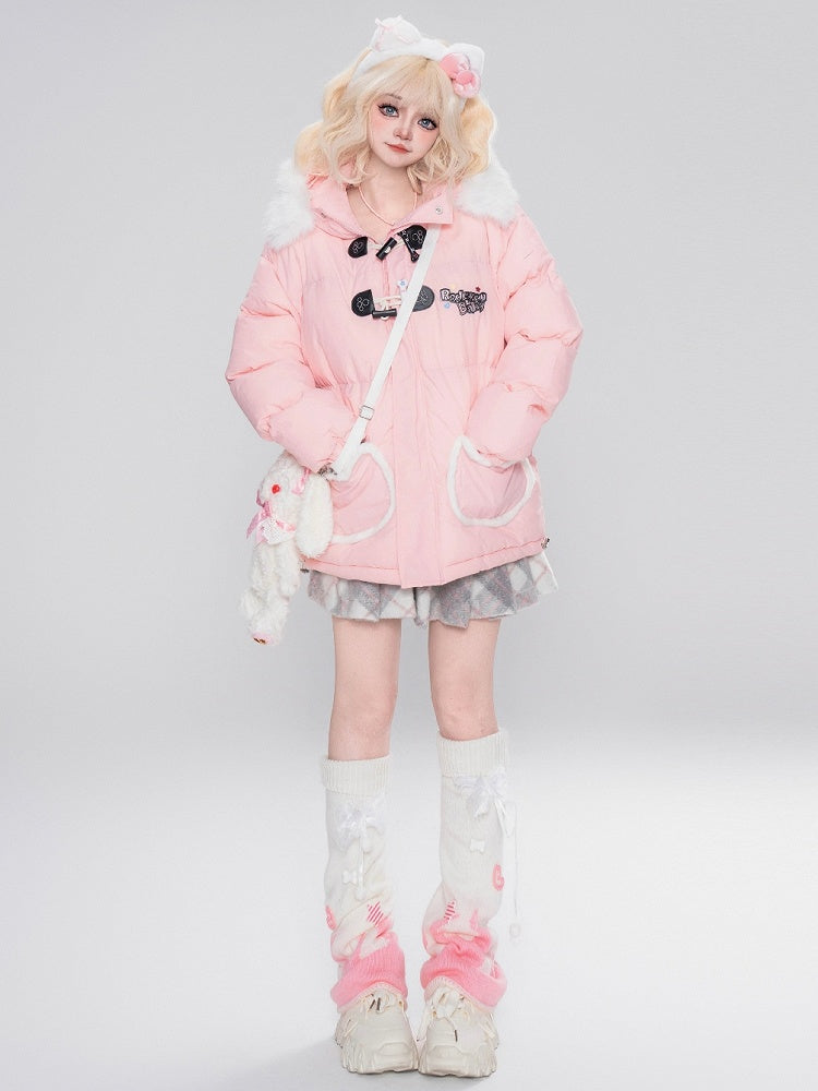 Black/Pink Letters Cat Ears Design Hooded Puffer Jacket