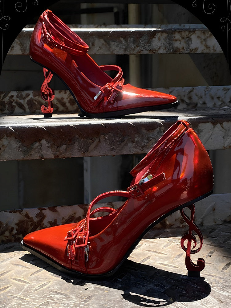 Gothic Pointed Shoes Note Music with Toe Style 8cm Design Red Heel
