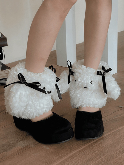 Leg Puppy White/Brown Ribbon Bowknot With Plush Warmers