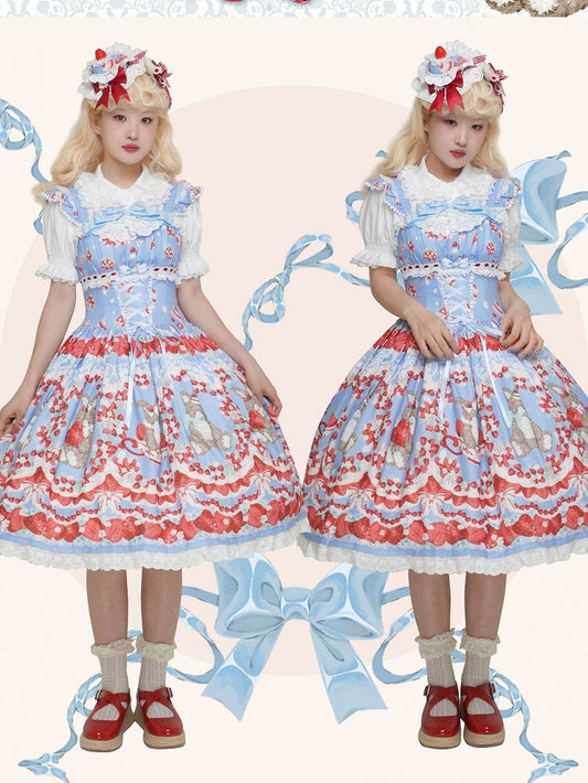 Ärmel Country Jumper Lolita Kleid Rock vorne Flatter Cottagecore Blau Erdbeere und Bunny Print Schnürung