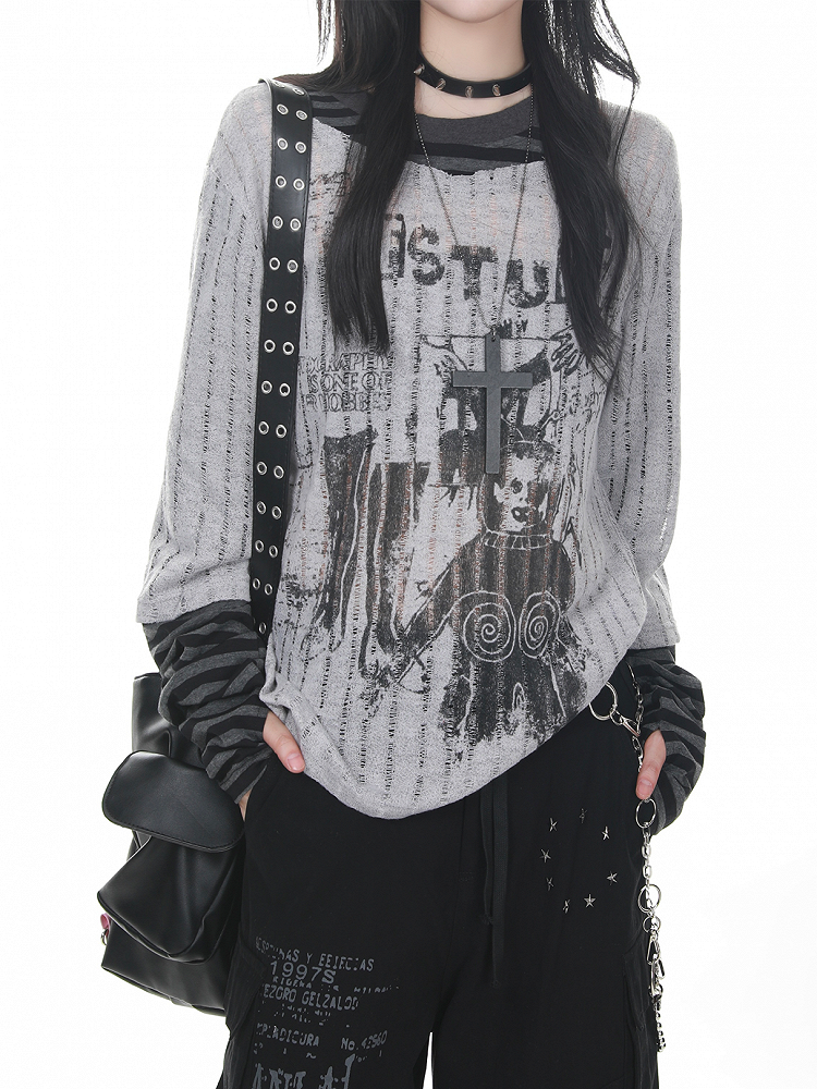 Round Sleeve Two-piece Long Rock Punk Neck Top Grey - Design
