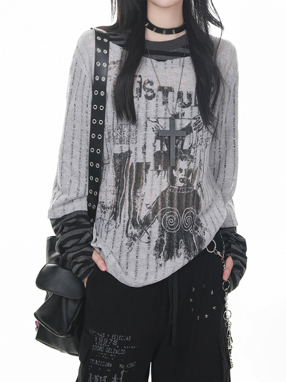 Round Sleeve Two-piece Long Rock Punk Neck Top Grey - Design