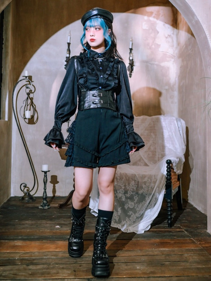 Black Balloon Sleeve Shirt with Ruffle Decoration - Quirky Hut