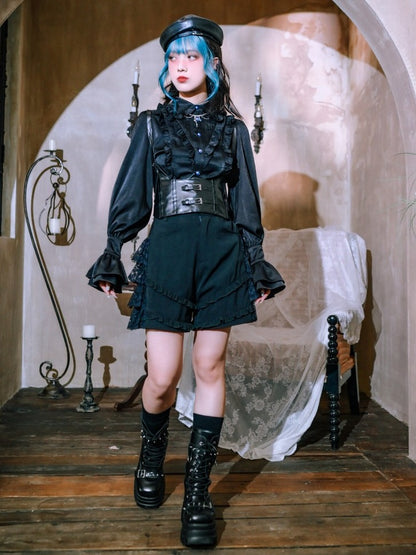 Black Balloon Sleeve Shirt with Ruffle Decoration - Quirky Hut