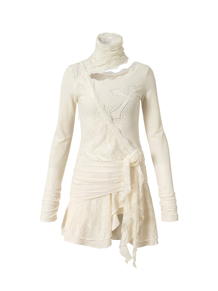 Saum Apricot Off-Shoulder Akzente Floral mit Asymmetrischem Kleid Strass