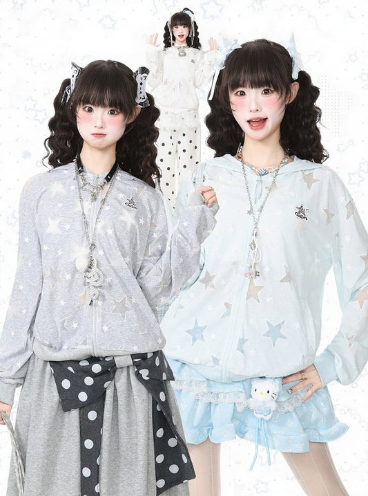 Breathable Blue Hooded Star Print Jacket - Languid Park