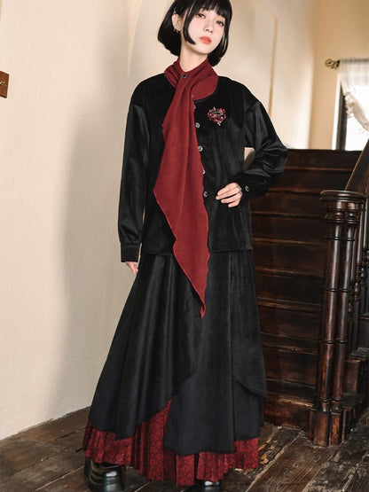 Double-Layer with Thicken/Thin Hem Print Cheongsam Red Pleated Black Snake Skirt Asymmetrical