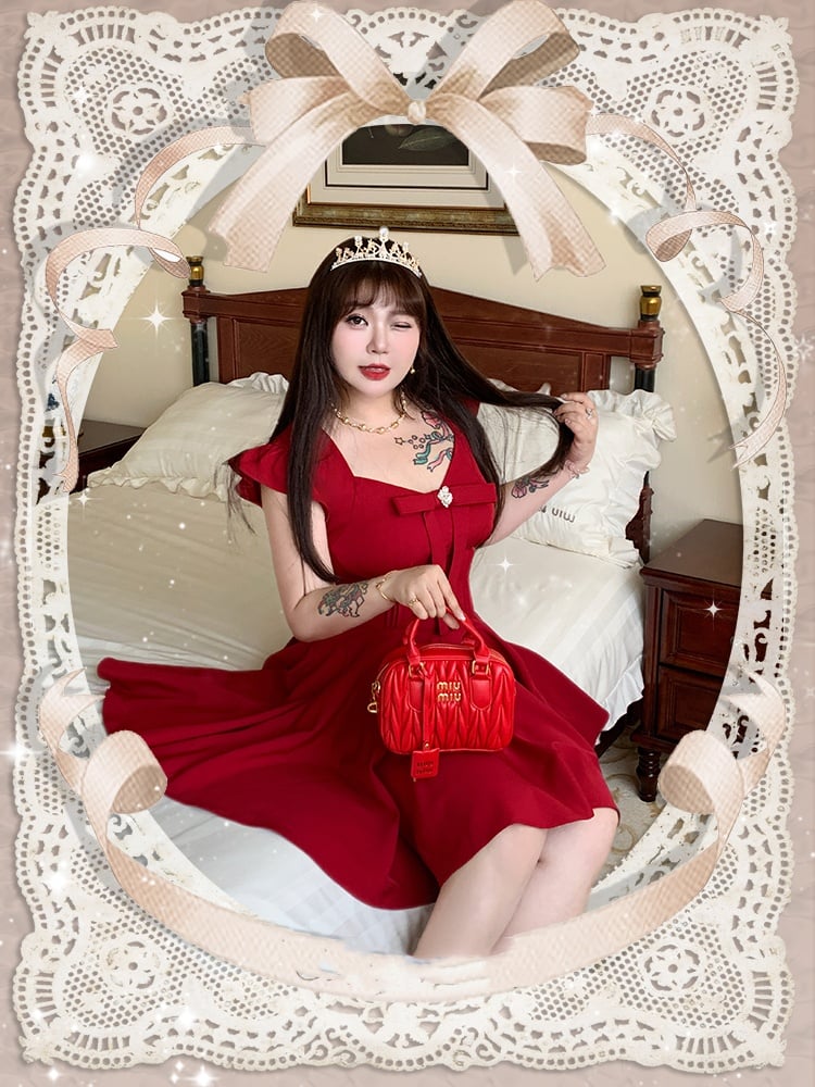 Plus Size V-Ausschnitt Kleid Flatterärmel Große Schleife Vorne Rot