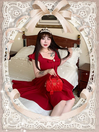 Plus Size V-Ausschnitt Kleid Flatterärmel Große Schleife Vorne Rot