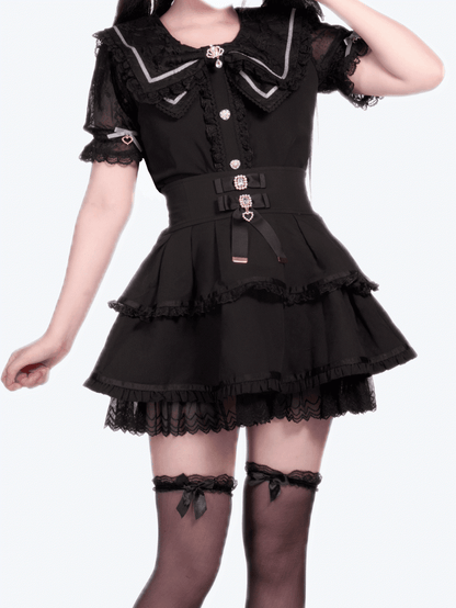 High Jirai Black Skirt with Tiered Bows Waist Kei