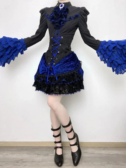 Lolita Skirt Waist Sleeves and Boned Blue Tie Jabot Gothic Long + Black Full - Shirt Hat Mini Klein Set Bell High