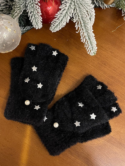 Schwarz/weiße Plüschhandschuhe mit Stern-Klappe