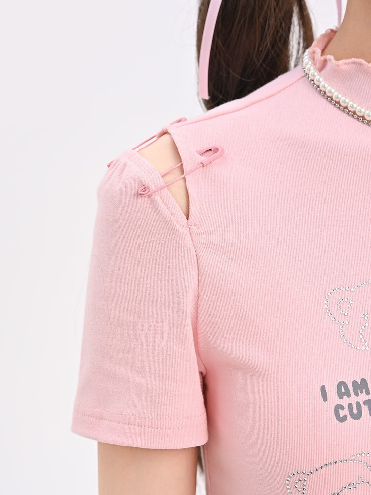 T-Shirt-Saum, gebogen, rosa Rüschen-Ausschnitt, Teddybär-Strasssteine, Schleifen-Akzente