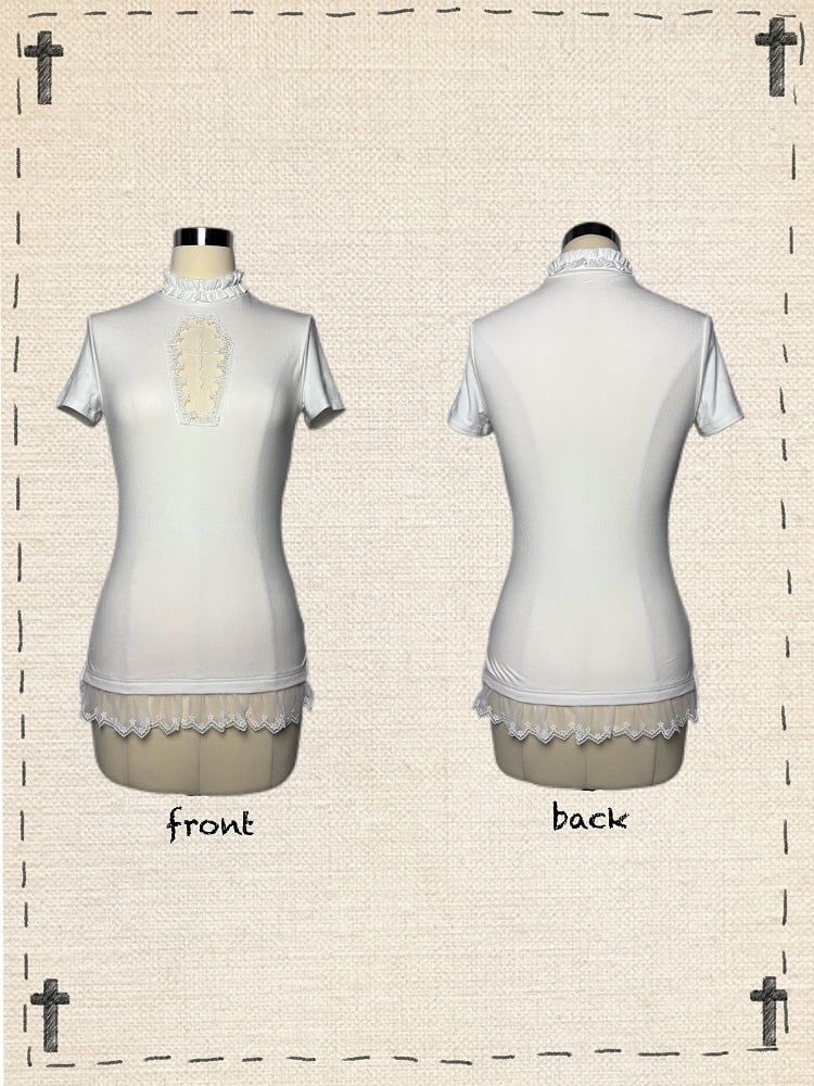 Gothic Black/White Mock Neck Coffin-Shaped Cutout T-Shirt