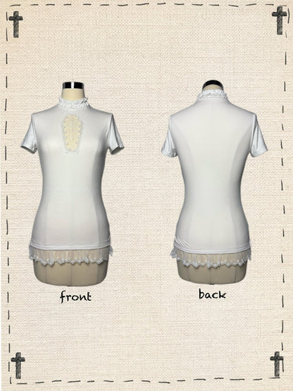 Gothic Black/White Mock Neck Coffin-Shaped Cutout T-Shirt