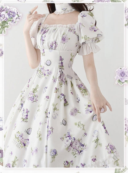 White Floral Puff-Sleeve One-Piece Lolita Dress - Forest Wardrobe
